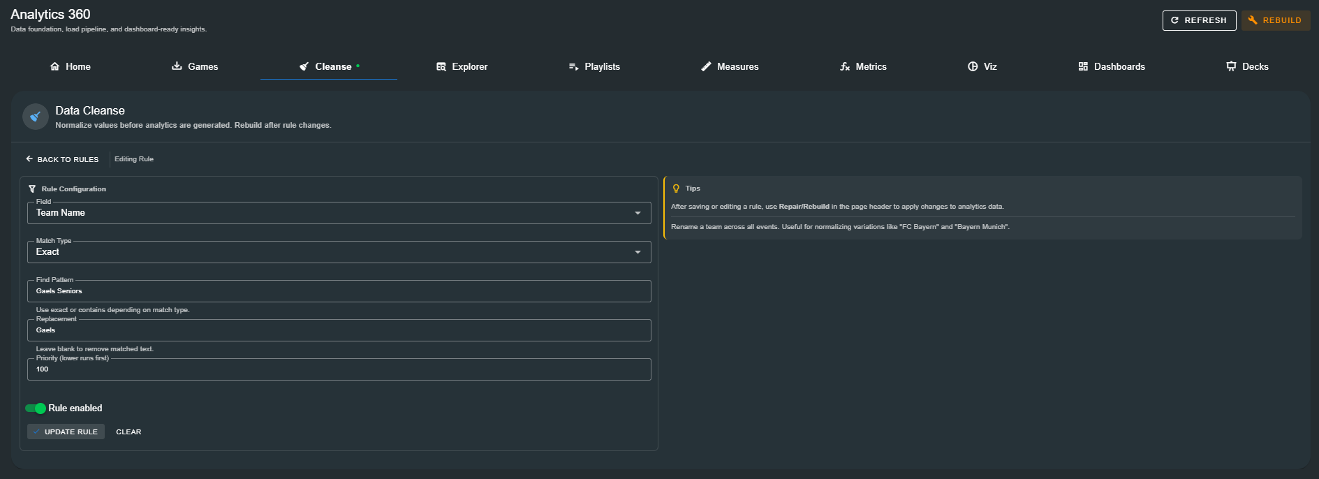 Cleanse rule editor configured to rename a team