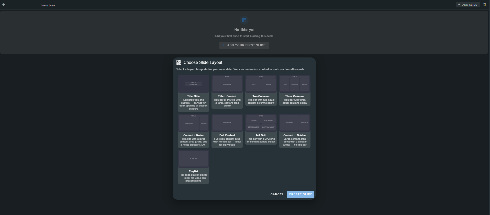 Slide layout picker showing available templates