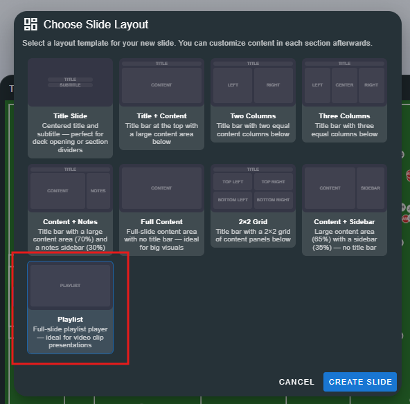 Selecting a playlist slide slot