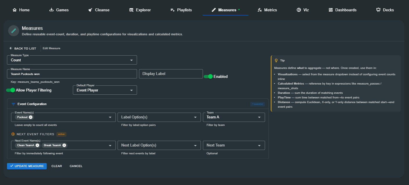 Measure editor configured for a Count-type measure with next-event filters