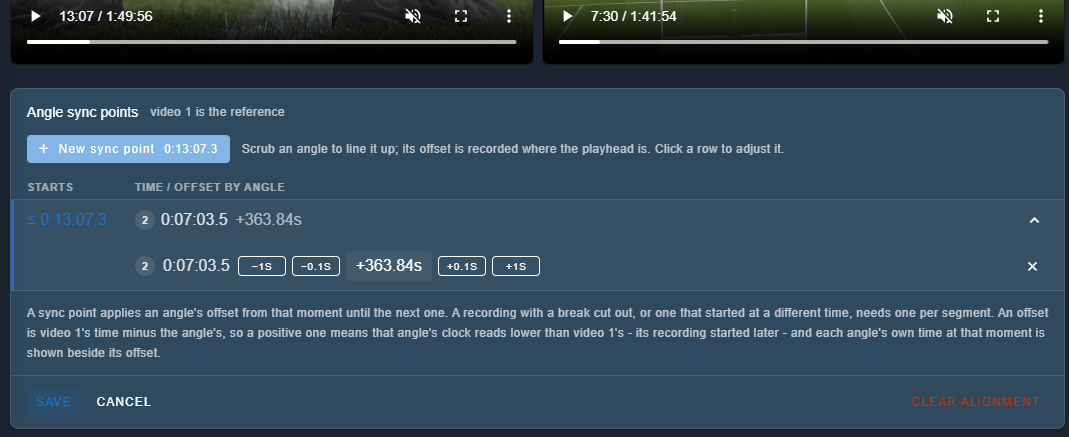The Angle Sync panel below two video players